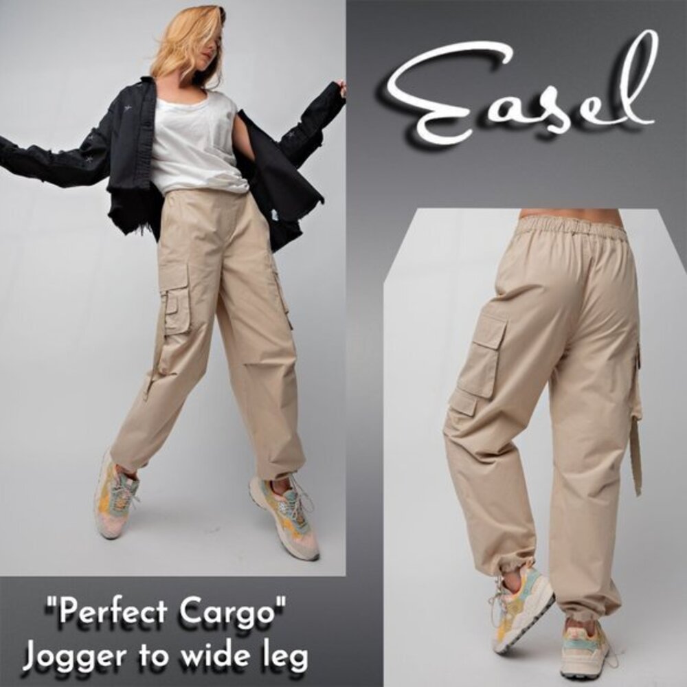 EASEL Parachute Or Straight Leg Cargo Pants - 100% Cotton, Multi Pockets, Trendy